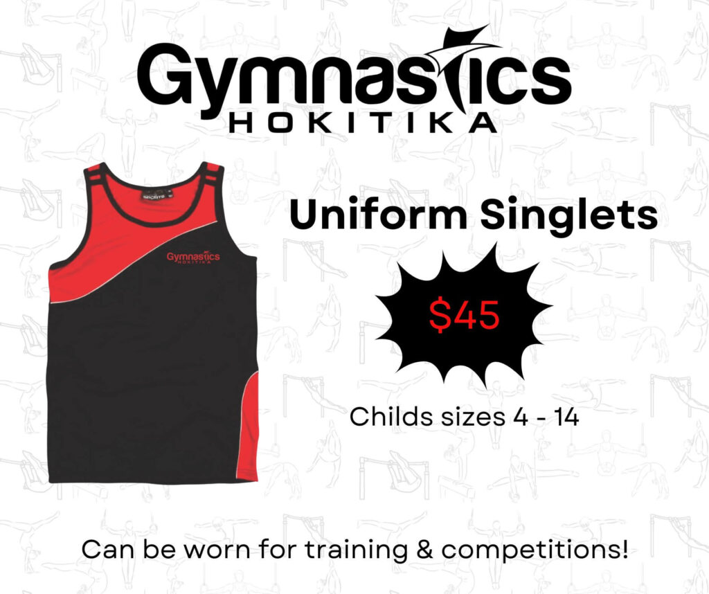 Gymnastics Hokitika uniform singlets for $45 in child's sizes 4-14. Suitable for training and competitions.