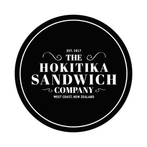 Circular black and white logo for "The Hokitika Sandwich Company," established in 2017, based in West Coast, New Zealand.