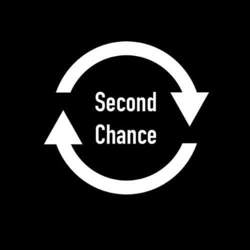 A white circular arrow graphic on a black background with the words "Second Chance" in the center.