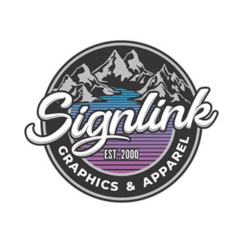 A circular logo with the words "Signlink Graphics & Apparel" and "Est. 2000" in the center, featuring a graphic of mountains and a stylized sky background.