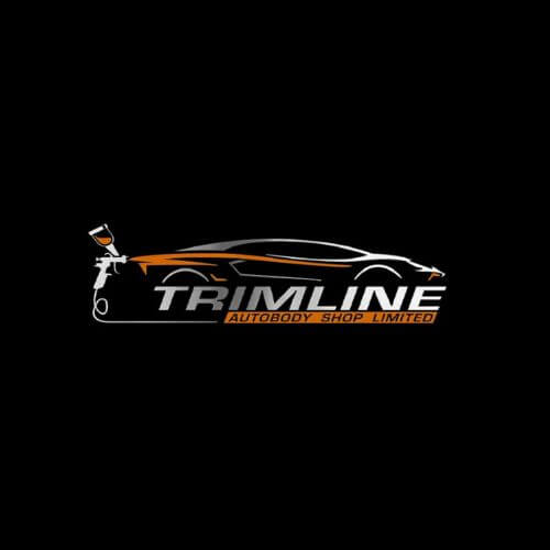 Logo for Trimline Autobody Shop Limited featuring a sleek car silhouette and a paint spray gun on a black background.