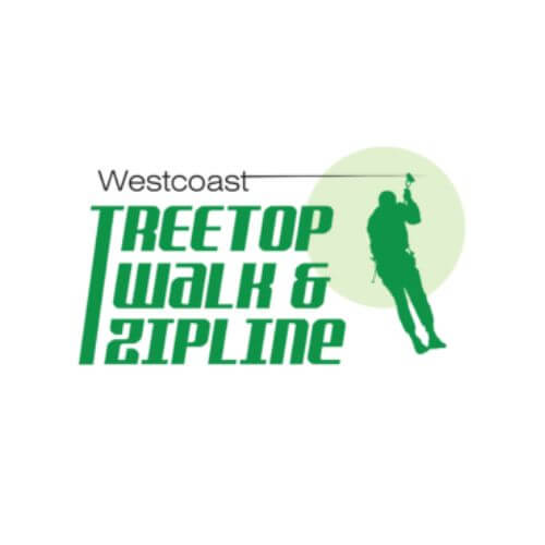 Logo of Westcoast Treetop Walk & Zipline featuring a person ziplining with green text on a white background.