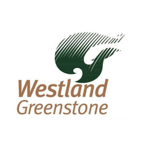 Logo of Westland Greenstone featuring stylized green stone carving above the text.