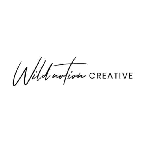 Logo with the words "Wild notion CREATIVE" in black, with "Wild notion" in cursive and "CREATIVE" in uppercase sans-serif font on a white background.