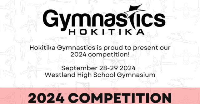 Flyer for Hokitika Gymnastics 2024 competition on September 28-29, 2024, at Westland High School Gymnasium.