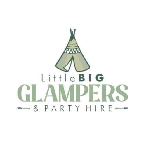 Logo for "Little Big Glampers & Party Hire" featuring a stylized teepee illustration above the text.