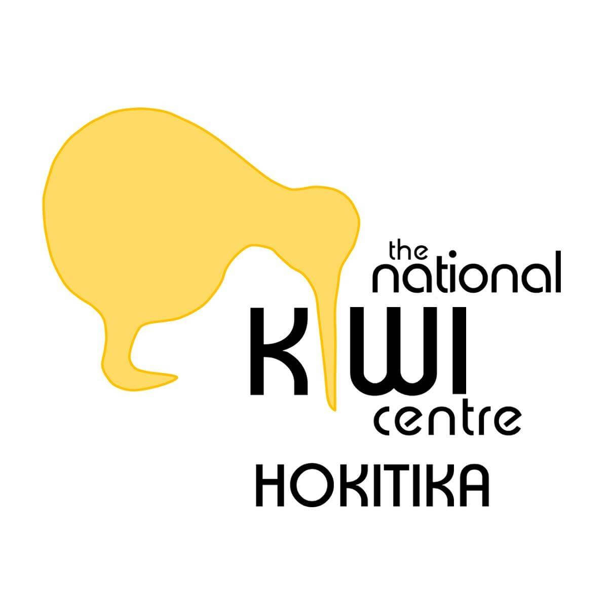 The logo for The National Kiwi Centre in Hokitika features an outline of a kiwi bird and the text "the national kiwi centre HOKITIKA.