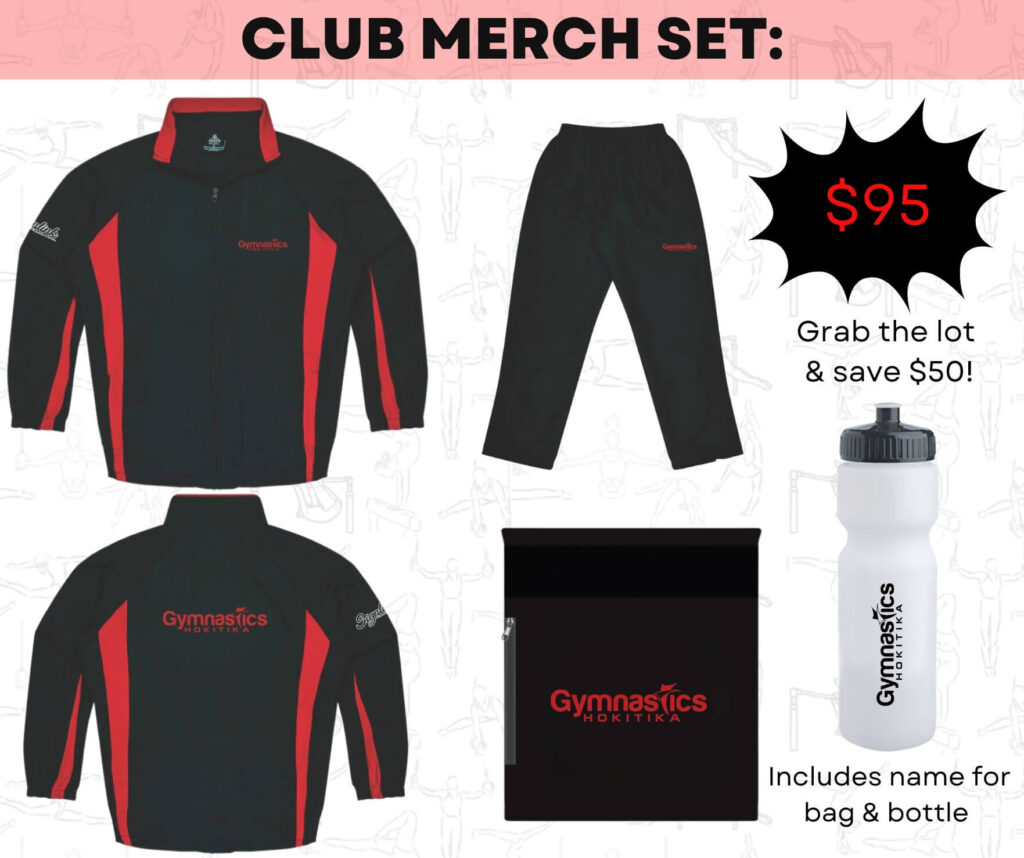 Club merchandise set including a jacket, pants, bag, and water bottle for $95 with name customization option.