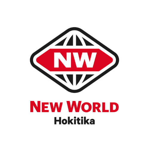 New World Hokitika logo featuring a red and white diamond shape with "NW" inside and the store name below.