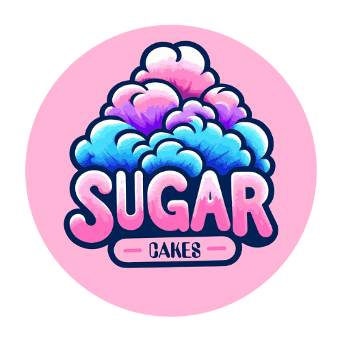 Logo featuring the text "SUGAR CAKES" below colorful, fluffy clouds on a pink background.