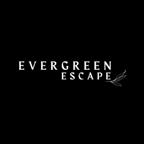 Logo with the text "Evergreen Escape" and a small illustration of leaves on a black background.