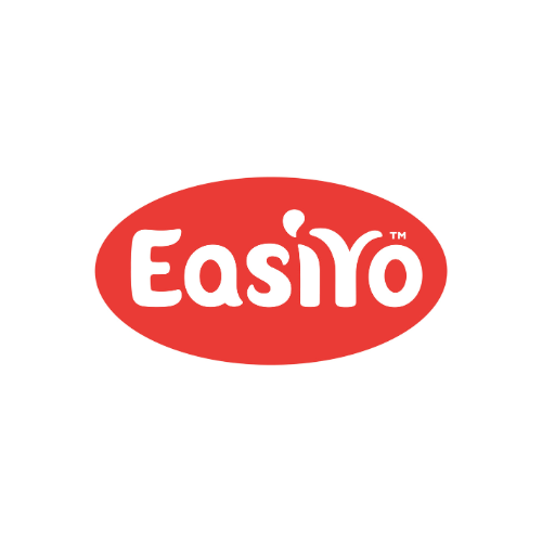 EasiYo logo with white text on a red oval background.