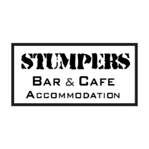 Logo for Stumpers, featuring text "Bar & Cafe Accommodation" in a rectangular frame.