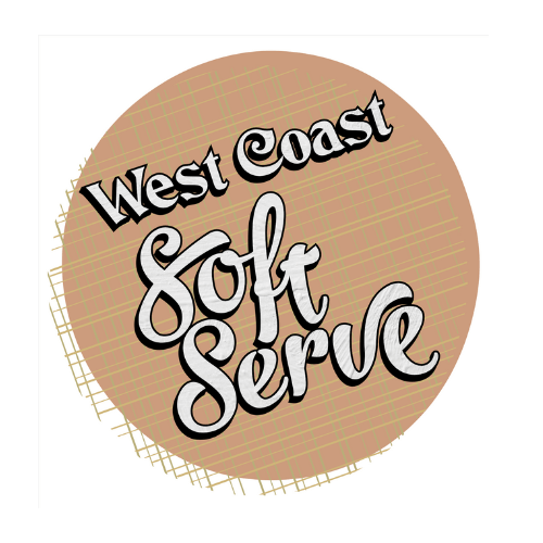 Logo with the text "West Coast Soft Serve" in stylized font on a circular, textured brown background.