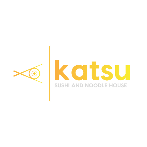 Yellow and white logo for "Katsu Sushi and Noodle House" with stylized chopsticks and maki roll illustration.