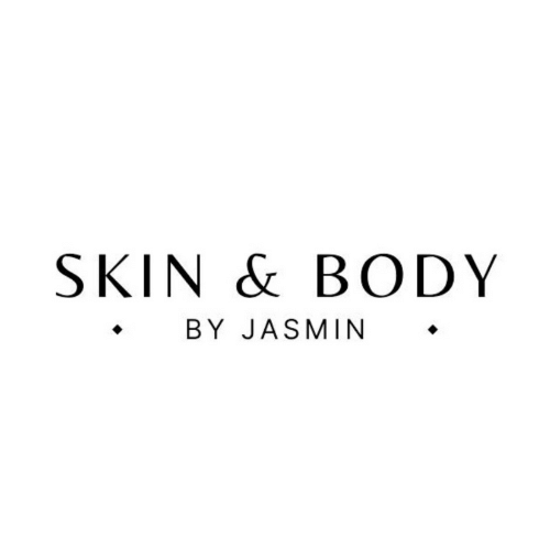 Logo with the text "Skin & Body by Jasmin" in black on a white background.