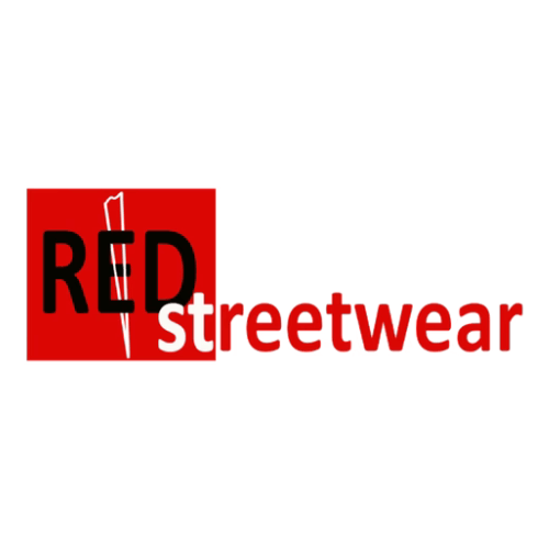 Logo with the words "RED streetwear" in black and red text, featuring a stylized red rectangle in the background.