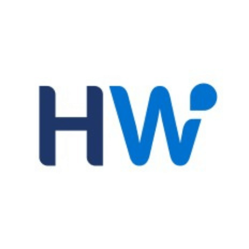 Logo featuring the letters "HW" in blue, with the "W" incorporating a rounded design element.