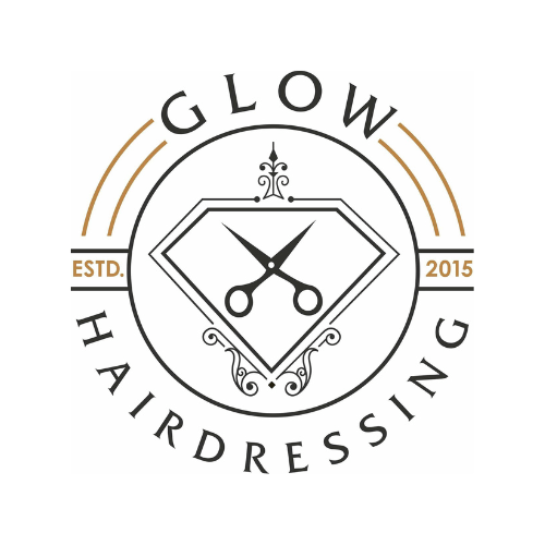 Logo for Glow Hairdressing featuring scissors inside a diamond shape with the words "Glow Hairdressing" and "Est. 2015" around it.