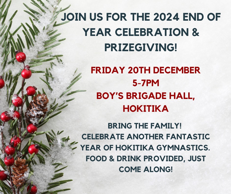 Festive invitation for the 2024 end-of-year celebration and prizegiving on 20th December at Boy's Brigade Hall, Hokitika, from 5-7 PM. Families welcome, food and drink provided.