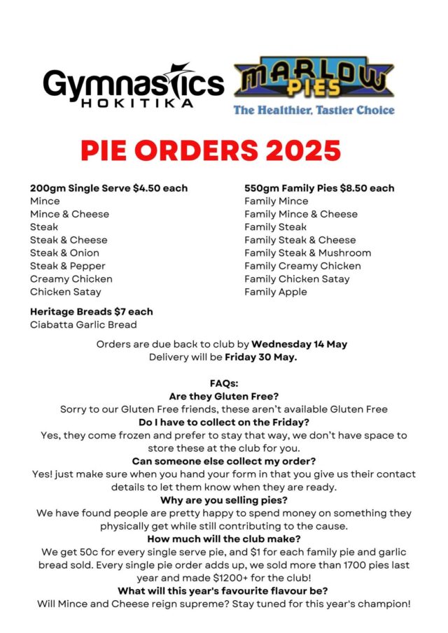 Pie orders flyer for 2025 featuring order options, pricing, delivery info, and FAQs for a gymnastics fundraiser offering various Marlow Pies, ciabatta garlic bread, and family size pies.