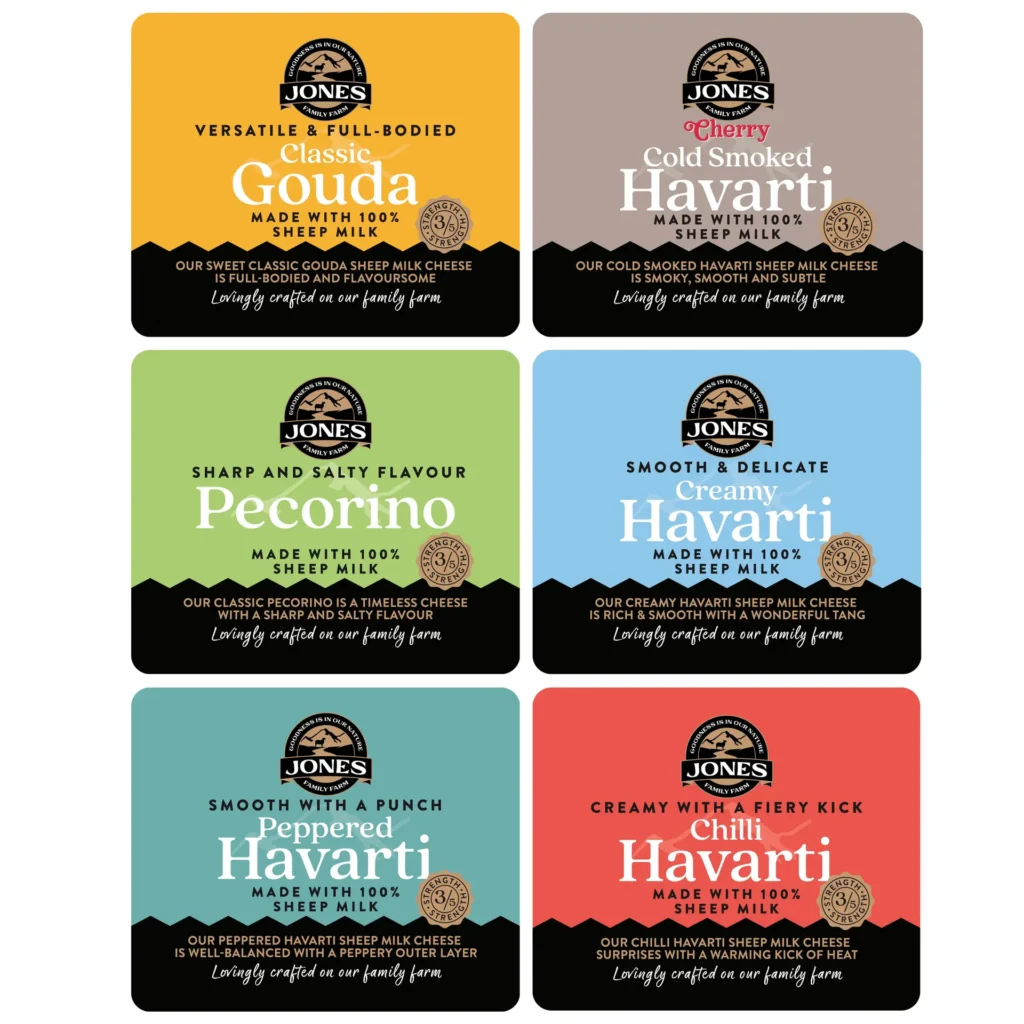 Six cheese labels from Jones Cheese Co. are shown, featuring Gouda, Pecorino, and four types of Havarti (Cold Smoked, Creamy, Peppered, and Fiery), all made with sheep milk.