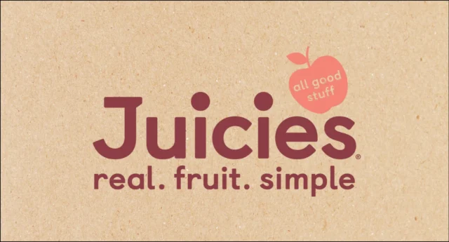 The image shows the Juicies logo with the tagline "real. fruit. simple." and a small apple graphic that says "all good stuff" on a beige textured background.