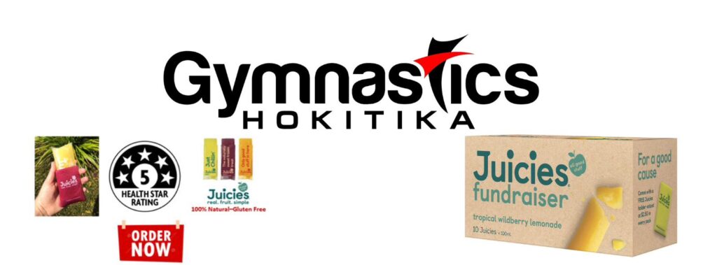 Gymnastics Hokitika logo above images of fruit drinks, a 5 health star rating badge, "Order Now" button, and a Juicies fundraiser tropical wildberry lemonade box.