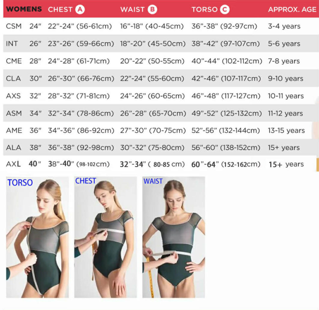 Leotard size chart for women with chest, waist, and torso measurements, age ranges, and photos showing how to measure each area on a model.