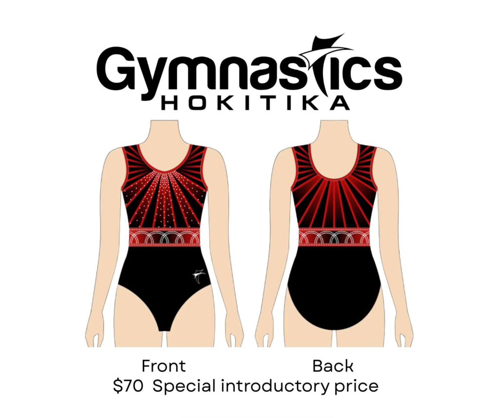 Illustration of a black and red gymnastics leotard with front and back views, featuring “Gymnastics Hokitika” logo above and a $70 special introductory price below.