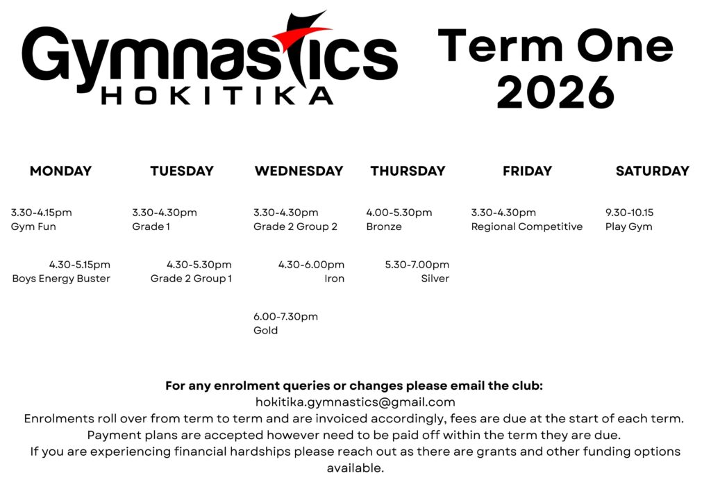 A weekly timetable for Hokitika Gymnastics Term One 2026, listing class times by day; includes contact details and enrolment information at the bottom.