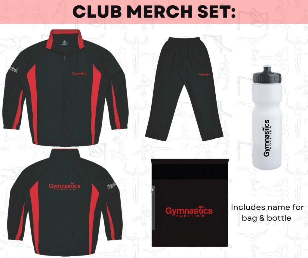 Club merchandise set includes a black and red tracksuit (jacket and pants), a white water bottle, and a black bag, all branded with "Gymnastics Hokitika". Name included on bag and bottle.
