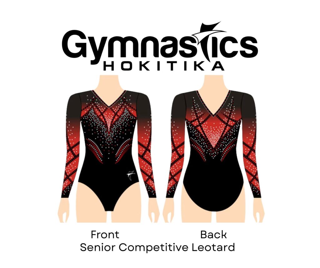 Illustration of a red and black long-sleeve competitive leotard, shown from front and back, with the text "Gymnastics Hokitika" above.