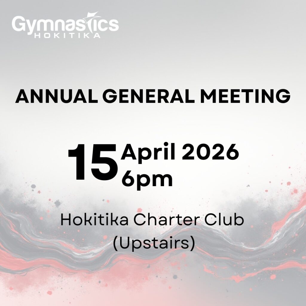 Announcement for Gymnastics Hokitika Annual General Meeting on April 15, 2026 at 6pm, held upstairs at Hokitika Charter Club, with abstract grey and pink background.