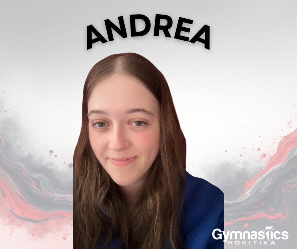 A woman with long brown hair smiles at the camera. Above her is the name "Andrea." The background features abstract grey and pink patterns and the Gymnastics Hokitika logo.