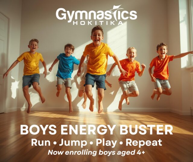 Five young boys in colorful t-shirts jump indoors with sunlight streaming in; text promotes gymnastics classes for boys aged 4+ at Gymnastics Hokitika.