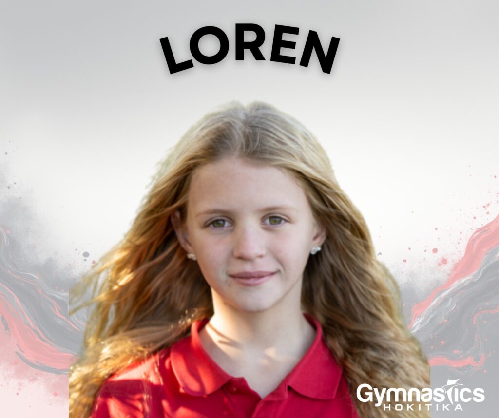 Portrait of a young girl with long blond hair wearing a red collared shirt, with the name "Loren" and "Gymnastics Hokitika" text overlayed on the image.