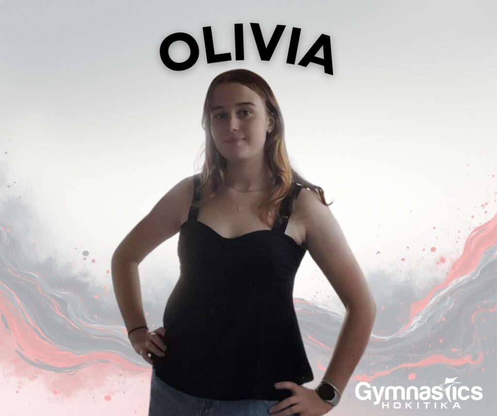 A young woman named Olivia stands with one hand on her hip, wearing a black top. The words "Gymnastics Hokitika" appear in the lower right corner.