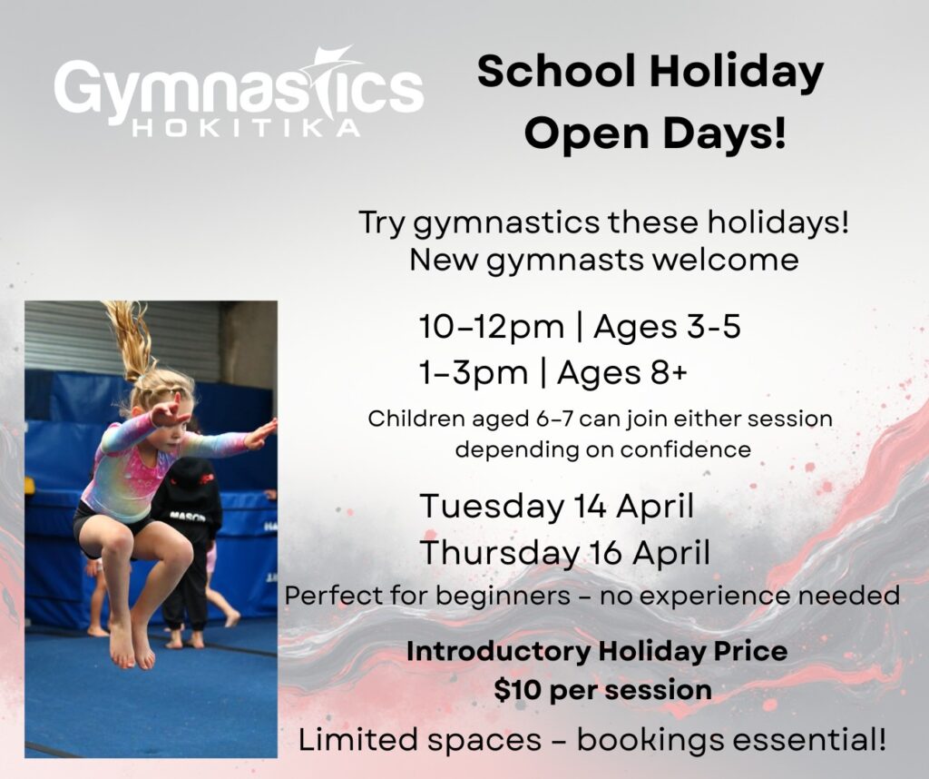 A young girl in athletic wear jumps off a springboard in a gym. Text promotes Gymnastics Hokitika School Holiday Open Days for ages 3–8, with session times, dates, price, and booking info.