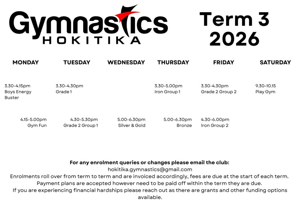 Weekly gymnastics timetable for Hokitika Term 3, 2026, listing class times and groups from Monday to Saturday, with enrolment and fee information at the bottom.