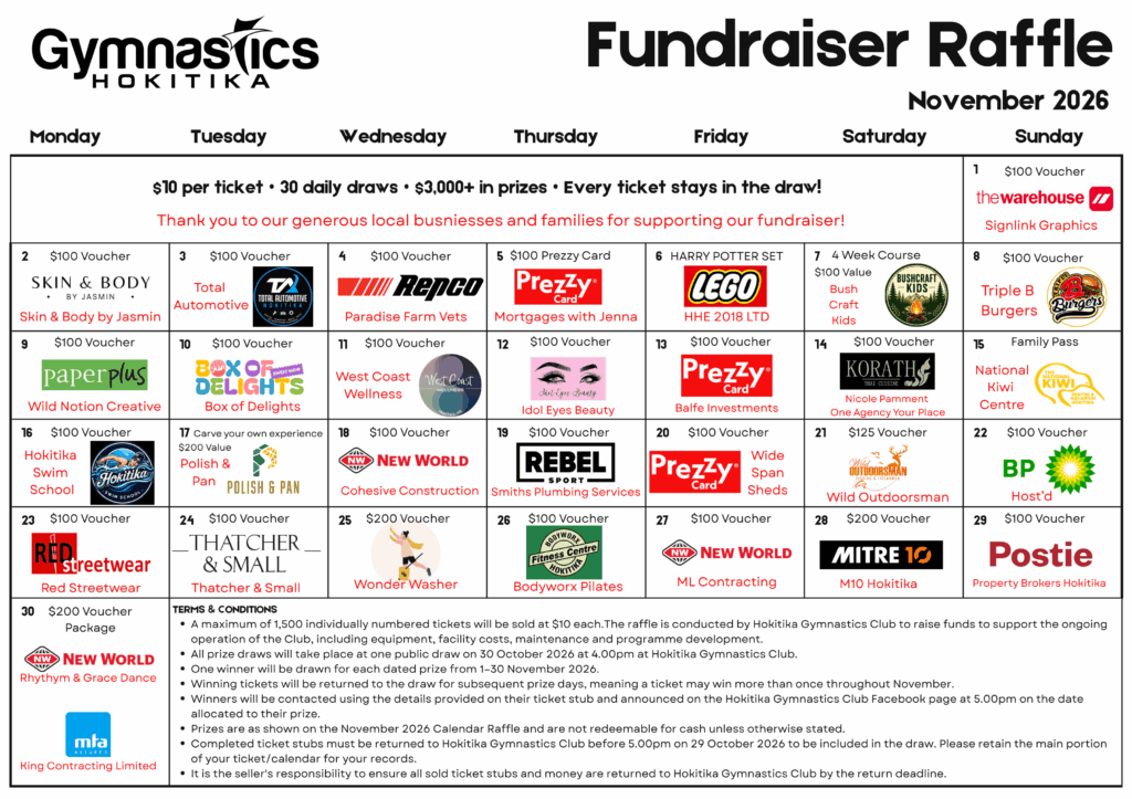 Gymnastics Hokitika November 2026 fundraising raffle calendar listing daily prize sponsors and ticket terms.