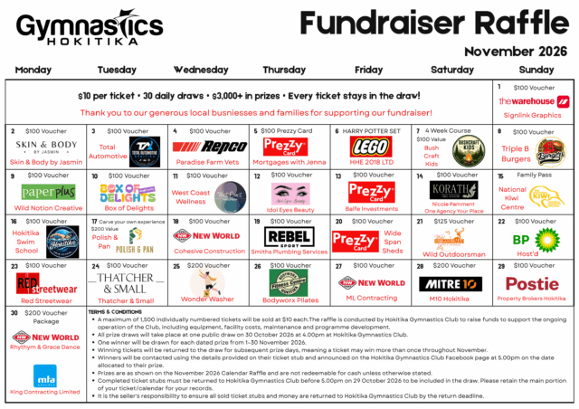 Gymnastics Hokitika November 2026 fundraising raffle calendar listing daily prize sponsors and ticket terms.