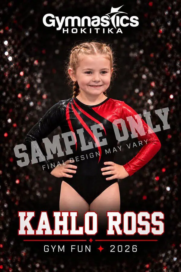 A young gymnast wearing a black and red leotard, with text reading “Gymnastics Hokitika,” “Kahlo Ross,” and “Gym Fun 2026.”