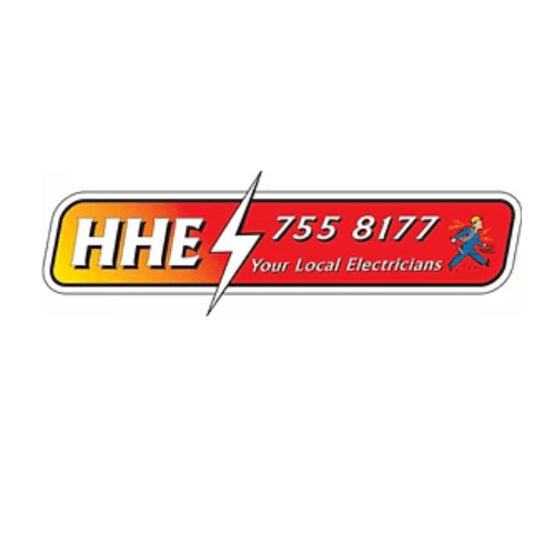 Logo for HHE, your local electricians serving the Gymnastics Hokitika community, featuring the phone number 755 8177 and an illustration of a cartoon electrician.